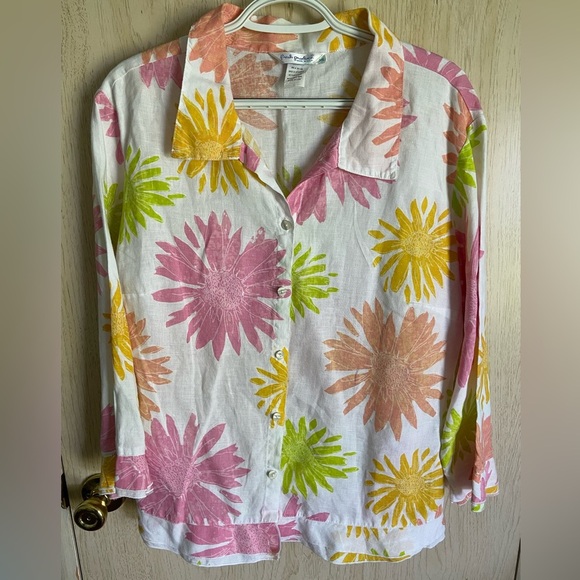 Fresh Produce Linen Button Front Top White Pink & Orange Floral Daisy Sz XL - Picture 2 of 9